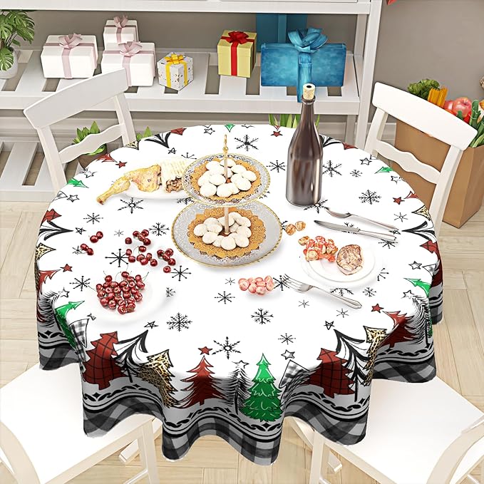 Giwawa Christmas Round Tablecloth 60 Inch Snowflake Xmas Trees Black Buffalo Plaid Decorative Table Cloth Polyester Washable Table Cover for Winter Holiday Party Picnic Dinner Decor