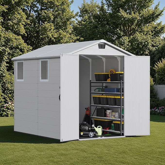 Patiowell 6 x 8 FT Outdoor Storage Shed with Floor - Resin Tool Shed with Lockable Door & 2 Windows, Easy Assembly for Garden, Backyard, Lawn Equipment, Light Gray