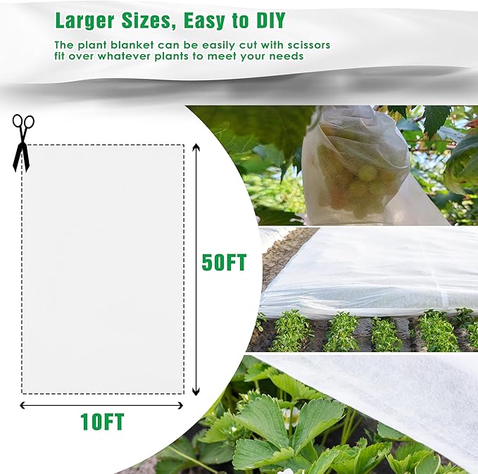 10 FT x 50 FT Plant Covers for Frost & Sun Protection, Thick 1.2 oz/yd² Frost Cloths Blankets to Extreme Low -4 °F Temperatures, Reusable Floating Row Covers for Outdoor Garden Vegetables Seedlings
