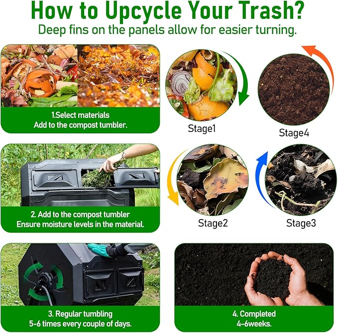 Compost Bin, 43 Gallon Dual Chamber Composter Tumbler Outdoor with 2 Sliding Door and Aeration System, BPA-Free Large Rotating Composting Bin for Garden, Kitchen, and Yard Waste, Black