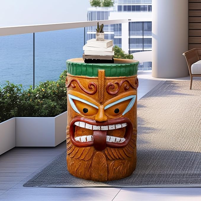 SKYFIRE Decorative Side Table - The Grande Tiki Face Kanaloa Teeth Indoor Sculptures Home Decor Tiki Statues Outdoor for Garden, Patio, Yard, Bar, Office, House Decor -20" H Concrete Stool End Table