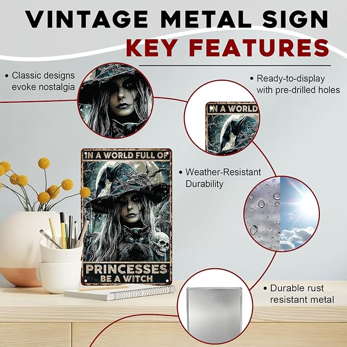 Goth Metal Tin Sign Vintage Halloween Wall Art Kitchen Witch Decoration Spooky Rustic Decor Tin Plaque Retro Iron Painting 8x12inch