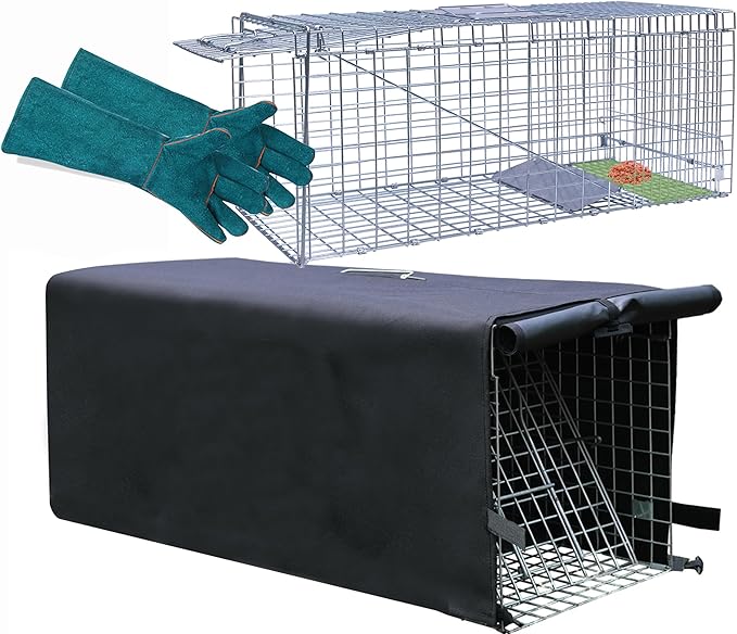 Live Animal Trap Cage with Cover & Gloves, Cat Trap for Stray Cats 32 Inch Heavy Duty Folding Skunk Traps with Real Door for Raccoons, Opossums, Skunks, Feral Cats, Squirrels-(32 x 10 x 12 inches)