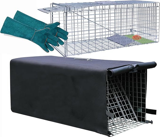 Live Animal Trap Cage with Cover & Gloves, Cat Trap for Stray Cats 32 Inch Heavy Duty Folding Skunk Traps with Real Door for Raccoons, Opossums, Skunks, Feral Cats, Squirrels-(32 x 10 x 12 inches)