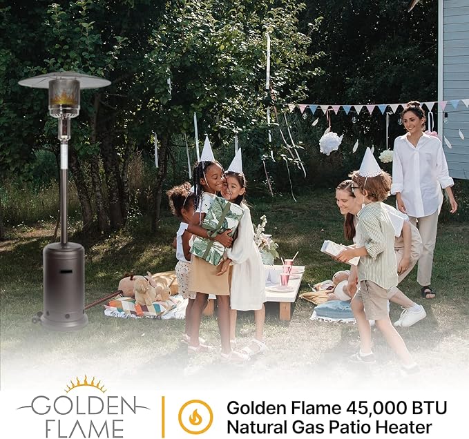 Outdoor Natural Gas Patio Heater | 45,000 BTU | Anti-Tilt and Safety Shut-Off | Residential and Commercial | Includes Mobility Wheels | Hammered Silver/Pewter