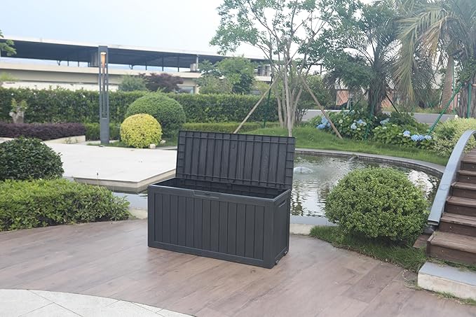 BTEXPERT 75 Gallon Resin Deck Box, Outdoor Storage Container for Patio Furniture Garden Tools Cushions Pool Sports Equipment Waterproof Lockable Stainless Steel insert UV Resistant Set of 2