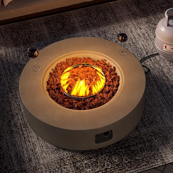 SUNBURY Outdoor 42" Propane Fire Pit Table, CSA Certified,50000 BTU Gray Patio Fire Table, Concrete Round Gas Fire Table w Lava Rocks (Tank Outside)