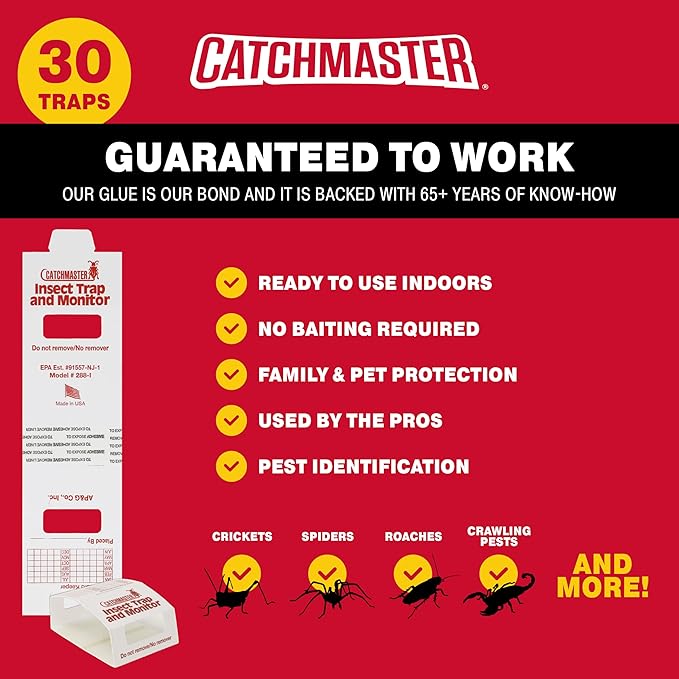 Catchmaster Spider & Insect Glue Traps 30-Pk (10 Sheets), Adhesive Cockroach Killer Glue Boards, Cricket Sticky Traps, Indoor Roach & Bug Catcher for Home, Garage & Shed, Pet Safe Pest Control