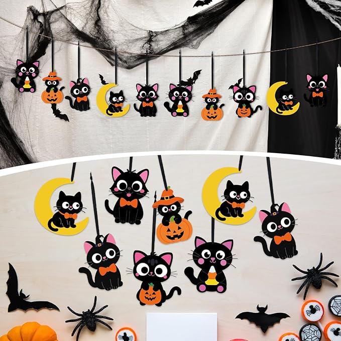 Yexiya 24 Sets Halloween Craft Kits Black Cat Crafts DIY Hanging Ornaments with Sticker and Ribbon Pumpkin Moon Corn Paper Hanging Decor for Halloween Party Decoration