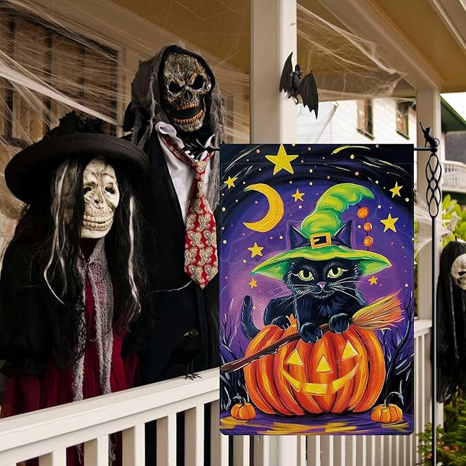 Happy Halloween Garden Flag Black Witch Cat Flag Moonlight Ghost Pumpkin Vertical Double Sided Rustic Farmland Burlap Yard Lawn Outdoor Decor 12.5x18"