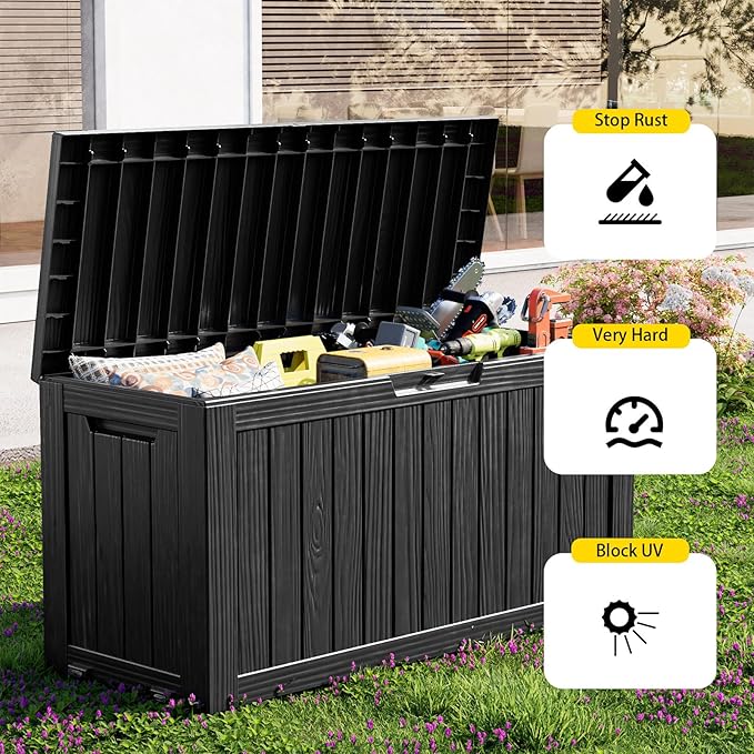 75 Gallon Large Deck Box,Resin Outdoor Storage Box with Lockable for Patio Furniture, Pool Accessories, Garden Tools Waterproof Outside Storage Box, Black