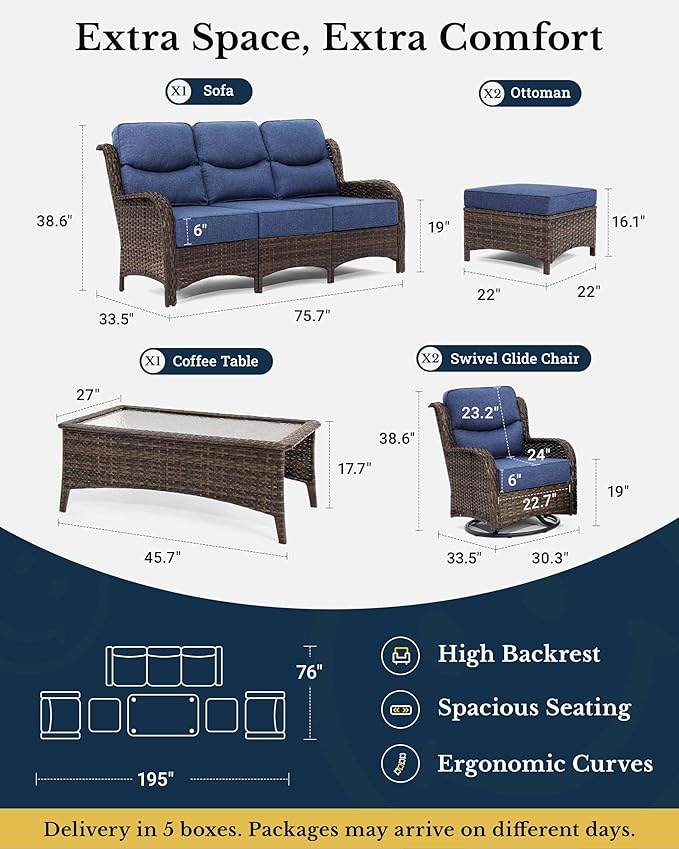 HILLGA Luxury High Back Patio Furniture Set with 6-Inch Thick Cushion, 6-Piece Outdoor Conversation Set with Sofa, Swivel Rocker Chairs & Ottomans, Ideal for Porch Pool Deck Yard (Blue)