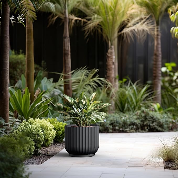 Kante Round Fulted Planter, 14 Inch Dia Large Concrete Plant Pots with Drainage Hole and Rubber Plug, Modern Decor for Indoor Outdoor Plants, Flower, Black