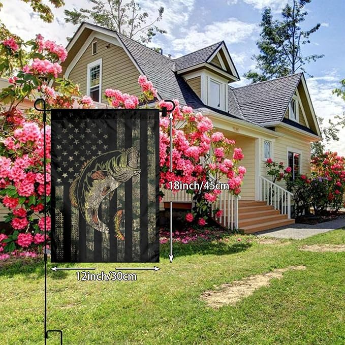 Bass Fishing Camo Camouflage American Flag Green Black Garden Flag Welcome Party Outdoor Outside Decorations Picks Home House Garden Yard Decor 12x18 Inch