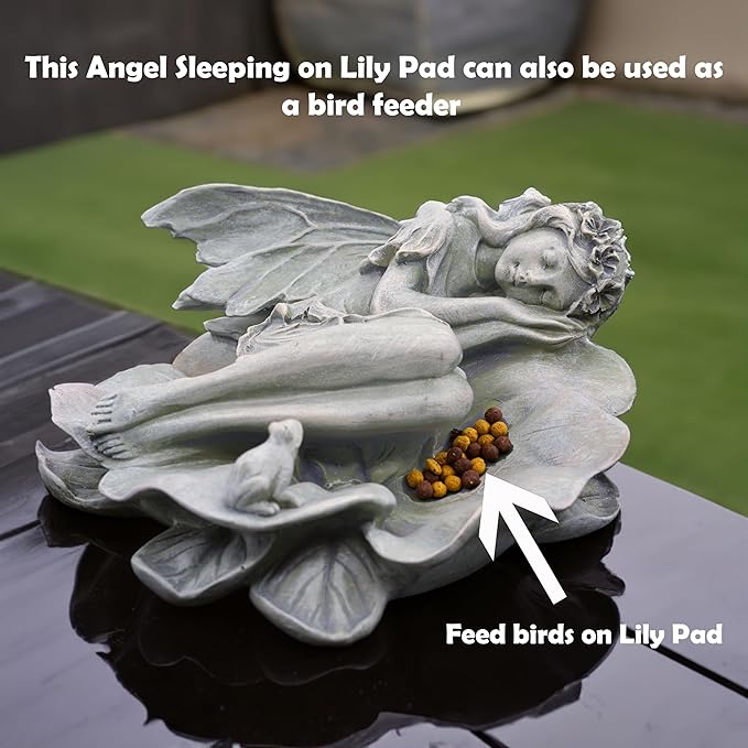 Garden Fairy Statue,Garden Sleeping Angel on Lotus Leaf with Bird Feeder Feature Outdoor Decor Sculptures Figurine Gardening Lawn