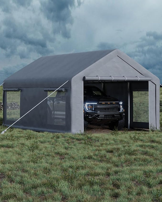 12x20 Ft Carport, Car Port with 200g PE Tarp, Roll-Up Doors, and 4 Windows, for Full-Size Pickups, Bass Boats, Tractors, and SUVs, Gray