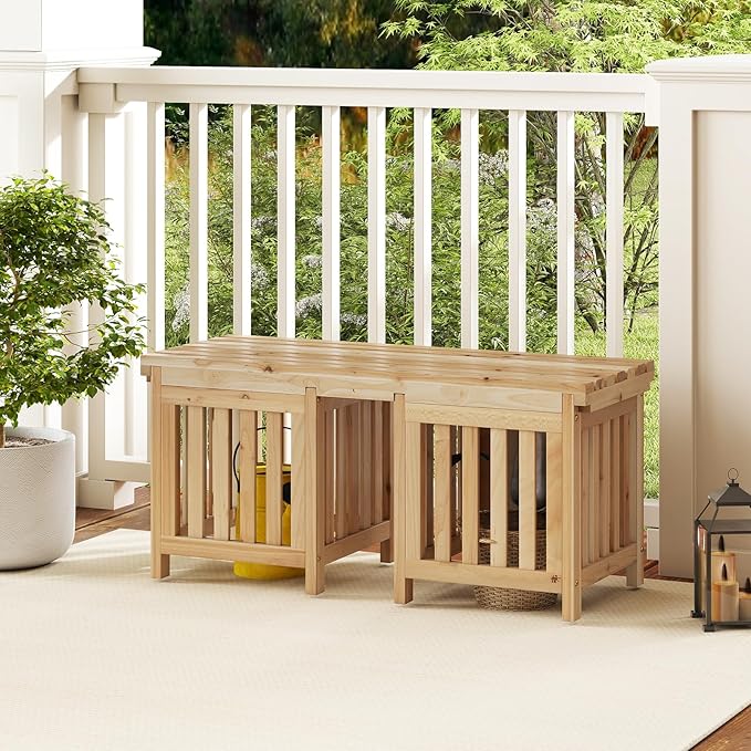 Giantex 2-in-1 Outdoor Bench with 2 Raised Garden Beds, Planter Boxes with Open-Ended Base, Garden Bench Seat for Porch Balcony Lawn Yard, DIY Assembly, Natural