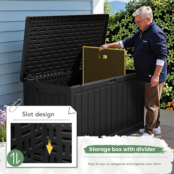 Greesum 150 Gallon HDPE Outdoor Storage Box - Waterproof, Large Capacity Deck Box with Removable Dividers for Patio, Yard, Garden Tools, Black