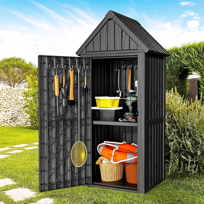Multifunctional Storage Shed, Outdoor Storage Cabinet with Hooks and Lock Ring, Waterproof Outdoor Storage Shed for All Weather, Tool Outdoor Shed for Patio Lawn and Garden