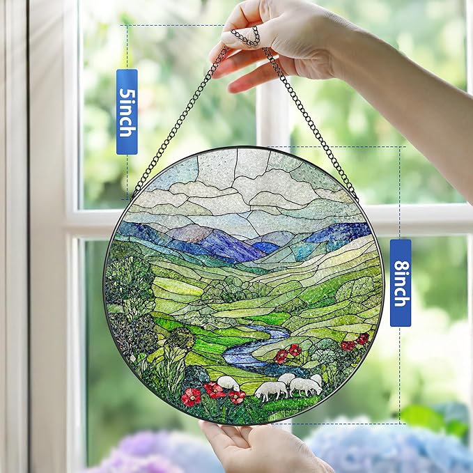 Stained Glass Window Hanging, Pauyadu 8 Inch Green Irish Hills Stained Glass Suncatcher, Window Decorations for Home, Christmas, Mother's Day, Birthday, Gifts for Women, Perfect for Nature Lovers