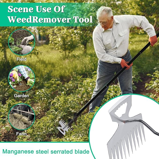 2-in-1 Weed Puller Rake Hand Weeder Garden Tools,New 11 Teeth Uprooting Weeding Tool with Adjustable Long Handle,Manganese Steel Weed Remover Tool for Garden,Lawn Weeding and Loosening Soil（Black）