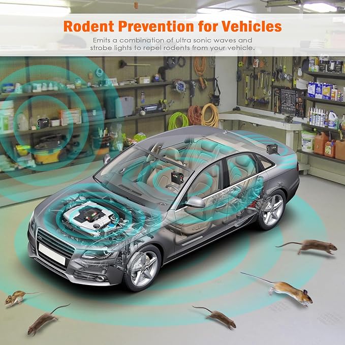 Rodent Repellent for Car, Battery Powered Under Hood Animal Repeller, Ultrasonic Rat and Mice Deterrent Device, Electronic Pest Control for RV, Truck, Garage, Vehicle Engine Protection, Pack of 4