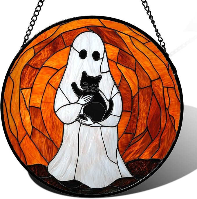 Stained Glass Window Hanging - Halloween Cute White Ghost Black Cat Suncatcher for Doors Garden Home Spooky Orange Sun Catchers Gothic Decor Horror Gift for Women Men Friend Boy Girl 7.8 in