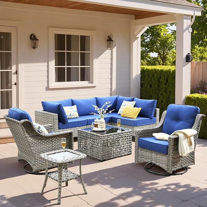 HOOOWOOO Outdoor Patio Furniture Set,8 Pieces Wicker Out Door Sectional Furniture L Shaped Couch,Patio Conversation Sets with Swivel Rocking Chair LED Table,Denim Blue