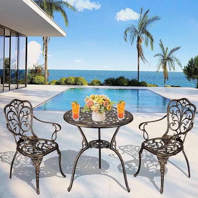 3 Piece Bistro Set, Outdoor Bistro Table and Chairs Set of 2, Rust-Resistant Cast Aluminum All Weather Patio Outdoor Bistro Set with Umbrella Hole for Backyard, Balcony, Front Porch, Brown