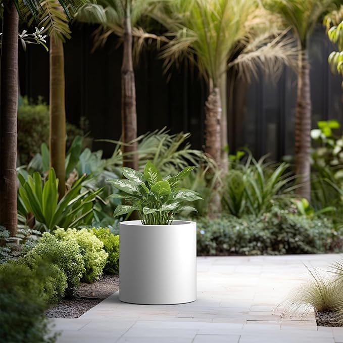 Kante 15.7" Dia Round Concrete Planter, Modern Style Large Cylindrical Plant Pot with Drainage Hole and Rubber Plug for Indoor Outdoor Patio, White