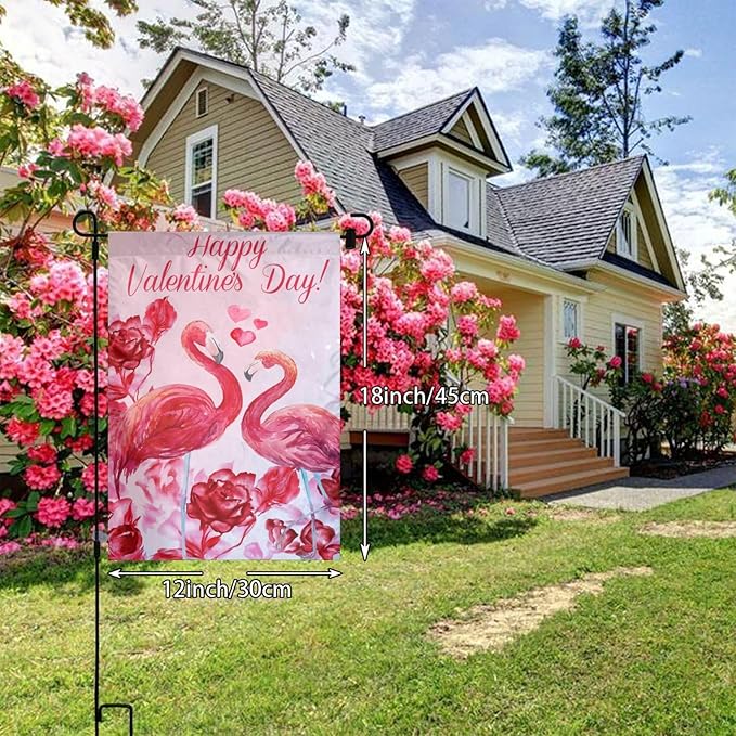 Happy Valentine'S Day Flamingo Rose Garden Flag Welcome Party Outdoor Outside Decorations Picks Home House Garden Yard Decor 12x18 Inch