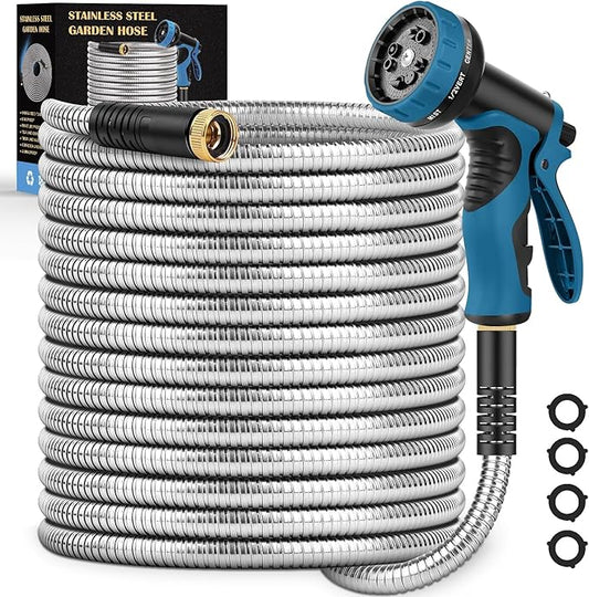 Garden Hose 100FT, Water Hose with 10 Function Nozzle, Garden Hose Metal with Leak-proof Connectors, Kink-Free & Ultra Flexible, Rust/Pet/Puncture Proof for Lawn, Yard, RV, Car Wash, 550PSI