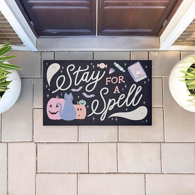 Stupell Industries Stay for Spell Pastel Halloween Welcome Printed Outdoor Unwoven Door Mat, Design by Laura Marshall