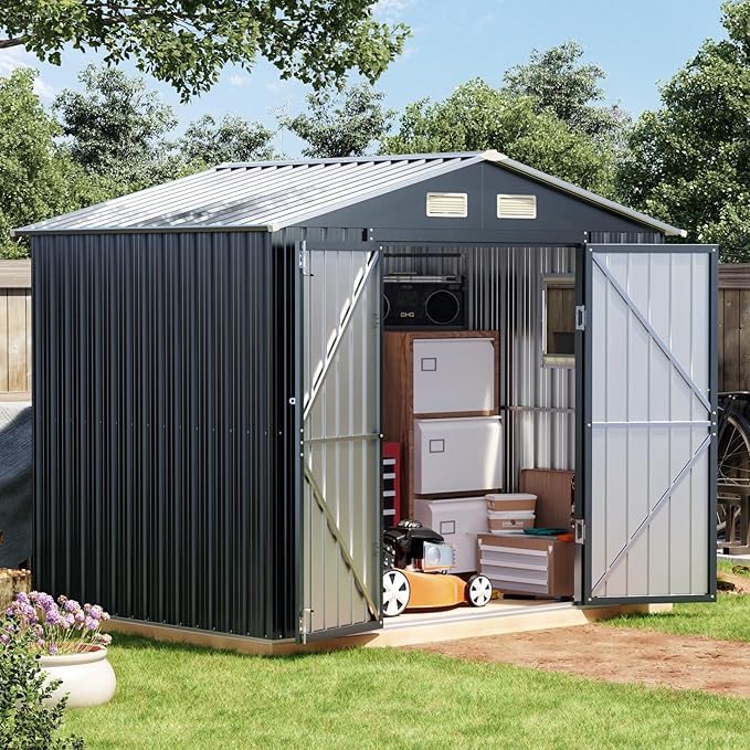 6x8FT Outdoor Metal Storage Shed, Double Door, 1 Clear Window, Tool Shed for Garden, Patio, Backyard