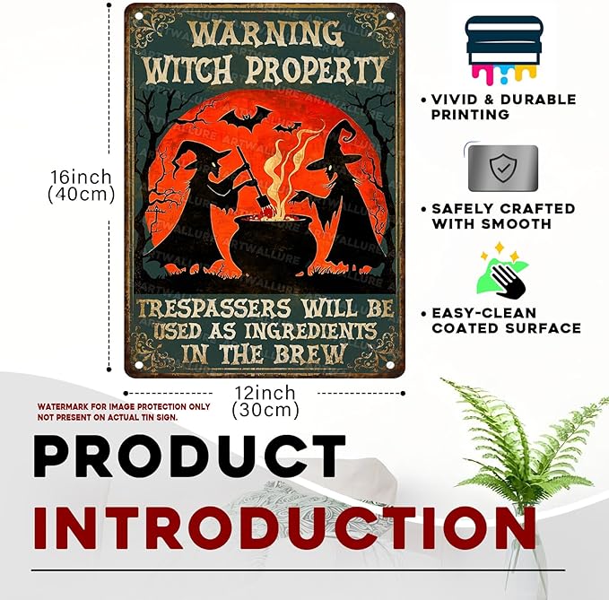 Witch Property Warning Vintage Sign Halloween Witch Metal Tin Sign for Home Bar Kitchen Hotel Dining Room Coffee 12x16inch