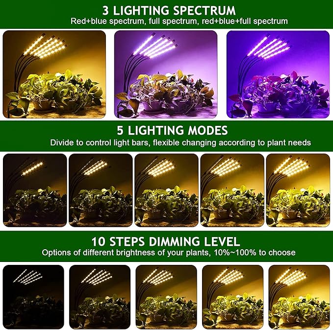 Grow Lights for Indoor Plants,5 Heads Red Blue White Full Spectrum Plant Light with 15-60" Adjustable Tripod Stand, Indoor Grow Lamp with Remote Control and Auto On/Off Timer Function