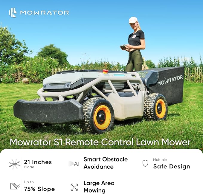 Remote Control Lawn Mower S1 4WD 56V12Ah, Multi-Functions RC Lawn Mower with 1.5-4.3 Inch Cutting Height 21 Inch Cutting Width for 75% Slope(37°) for Mowing 0.75 Acres