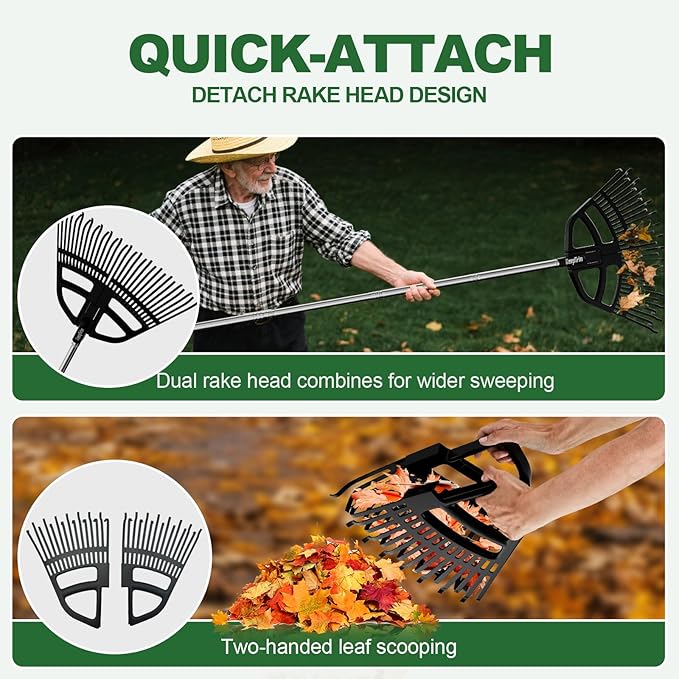 Adjustable Leaf Rake 30-65 Inch – 30 Tines Garden Rakes with Non-Slip Handle&Quick-Detach Head Lightweight Yard Rake for Wet Leaves, Pine Needles, Gravel