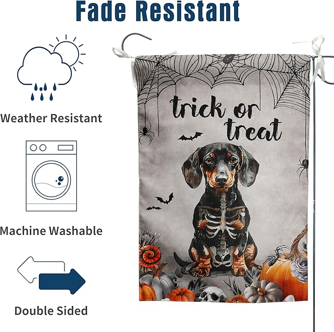 Halloween Dachshund Garden Flag Trick or Treat Yard Sign Ghost Wiener Dog Skeleton Banner for Outside 12x18 Double Sided Outdoor Lawn Decor Small