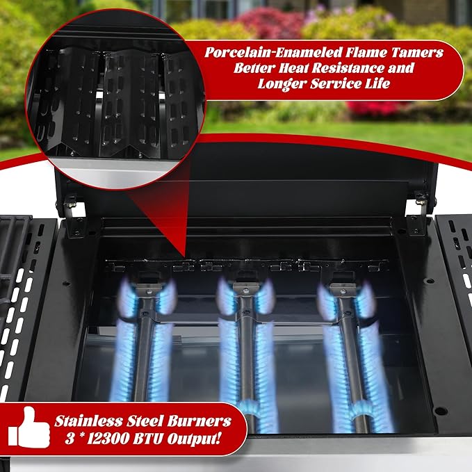 3-Burner Flat Top Propane Gas Grill Stainless Steel Griddle Combo with Foldable Side Table, 36,900 BTU Outdoor BBQ Grill, Porcelain-Enameled Cast Iron Grids, for Backyard, Patio Cooking