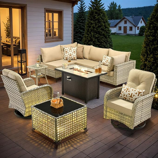 HOOOWOOO Outdoor Patio Furniture Set with Fire Pit Table,9 Pieces Wicker Out Door Sectional Furniture L Shaped Couch,Outside Patio Conversation Sets Swivel Chair,Beige