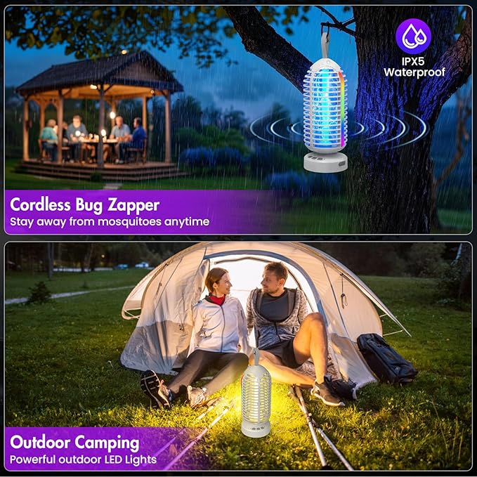 Bug Zapper Outdoor with Colorful Lighting and Auto-Sensing, 3 in 1 Cordless 4000mAh Battery Electric Fly Trap, Rechargeable Mosquito Zapper for Camping, Patios, Garden, Kitchen (2Pack-White)
