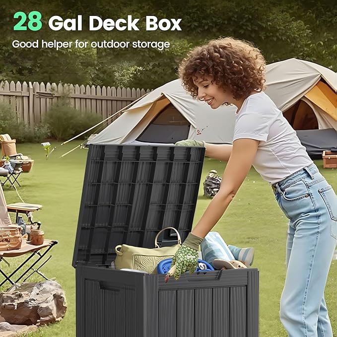 28 Gallon Outdoor Storage Box, Waterproof Durable Resin Deck Box for Indoor & Outdoor Use, Lockable Outdoor Bench, Deck Bin for Patio Furniture, Deliveries, Pool Supplies, Black