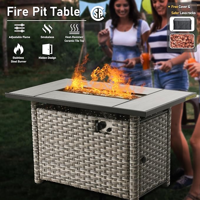 HOOOWOOO Outdoor Patio Furniture Set with Fire Pit Table,11 Pieces Wicker Out Door Sectional Furniture L Shaped Couch,Outside Patio Conversation Swivel Chair Sets,Black