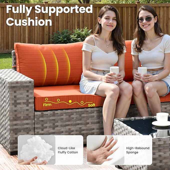 ovios 7 Pieces Patio Furniture Set, Outdoor Wicker Sectional Sofa with 30 Inch Fire Pit Table Comfy Cushions, Modern Modular Deep Seat Rattan Couch Conversation Set, Orange Red