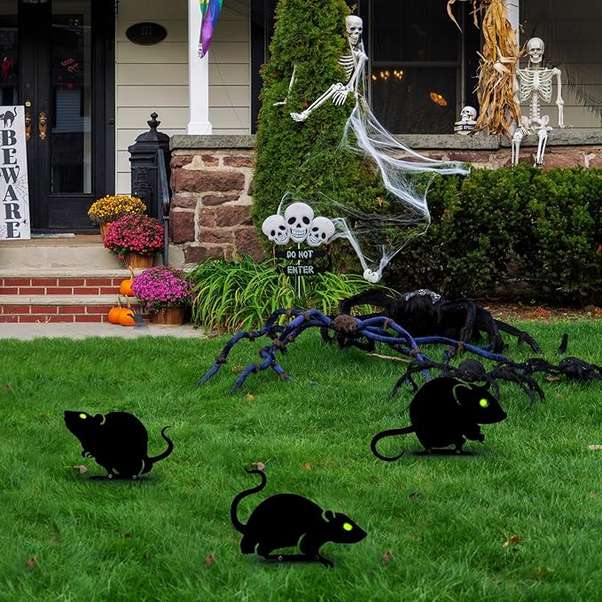WILLBOND 3 Pack Halloween Metal Black Mouses with Reflective Eyes Halloween Yard Lawn Stakes Garden Scare Animal Silhouette Statues Stakes for Home Yard Outdoor Decorations