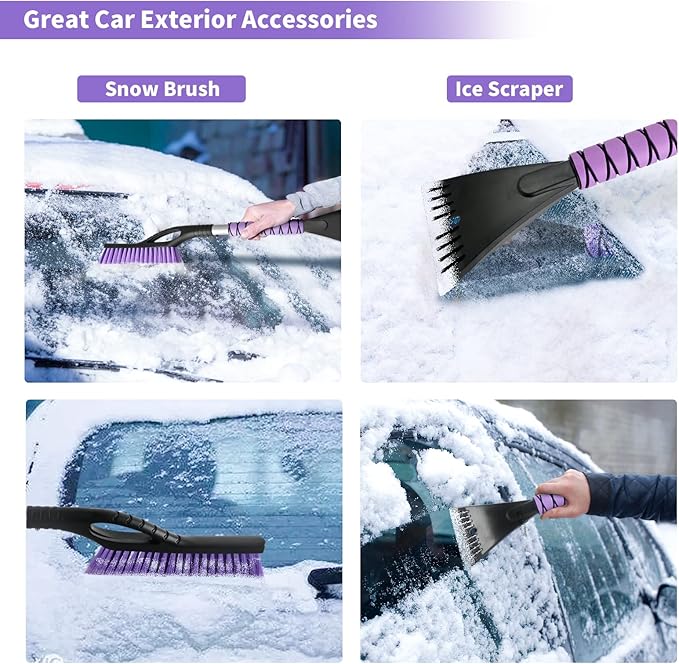 27" Snow Brush and Ice Scrapers for Car Windshield 2 Pack |Scratch-Free Bristle Head PVC Snow Brush & Foam Grip Window Snow Scraper Snow Removal Tool with Aluminum Body for Truck, SUV,Purple