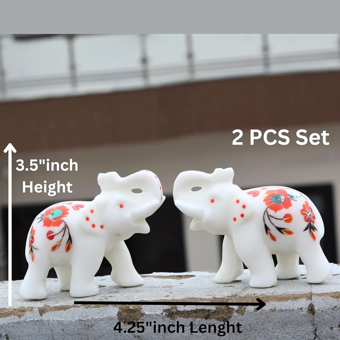 Marble Inlay Elephant Statue 4" Inch (2 Piece) Hakik Stone Inlay Work Semi Precious Stone - Hand Carved Artistic Sculpture Perfect for Home & Office Decor Elegant Decor for Any Space