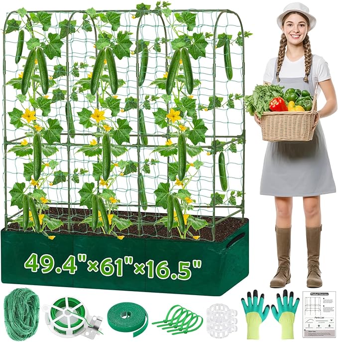 Cucumber Trellis for Climbing Plants with Grow Bag, 61" Tall Metal U-Frame Garden Trellis for Raised Bed with Garden Netting and Plant Clip Plant Ties for Vegetables, Squash, Pea, Grape