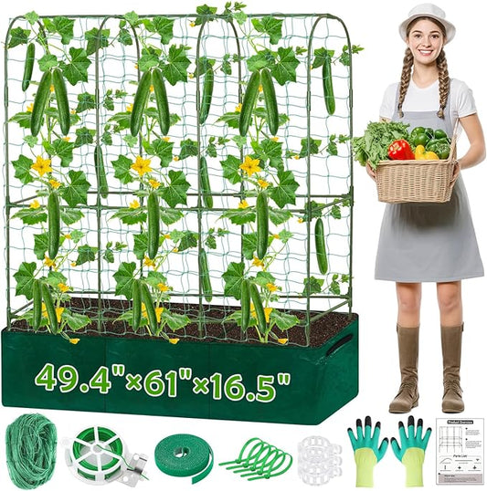 Cucumber Trellis for Climbing Plants with Grow Bag, 61" Tall Metal U-Frame Garden Trellis for Raised Bed with Garden Netting and Plant Clip Plant Ties for Vegetables, Squash, Pea, Grape